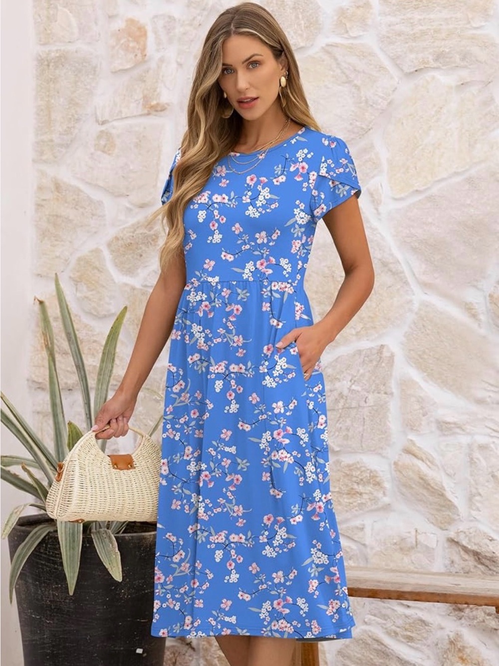 Women’s Blue Floral Midi Dress with Short Sleeves